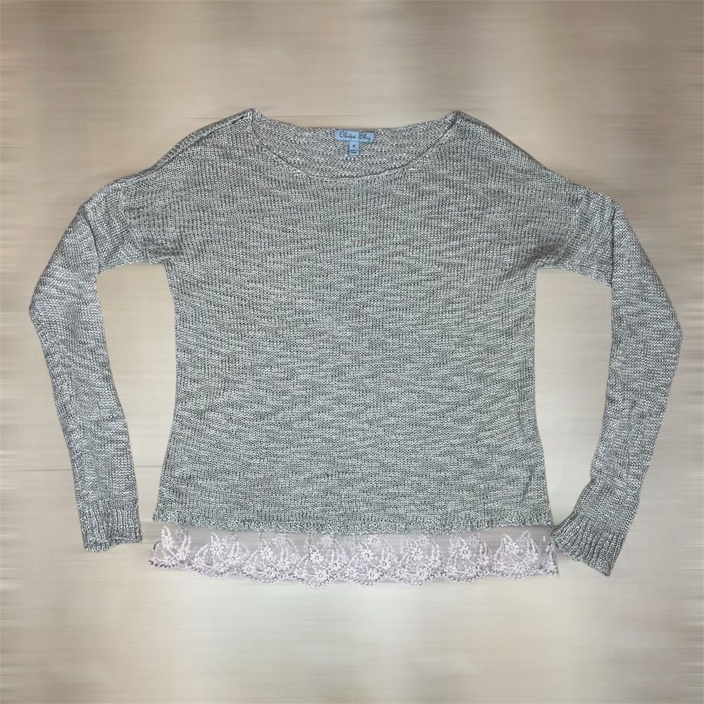 Olivia Sky, Long Sleeve Scoop Neck Cream Lace Trim Sweater, Women’s Medium